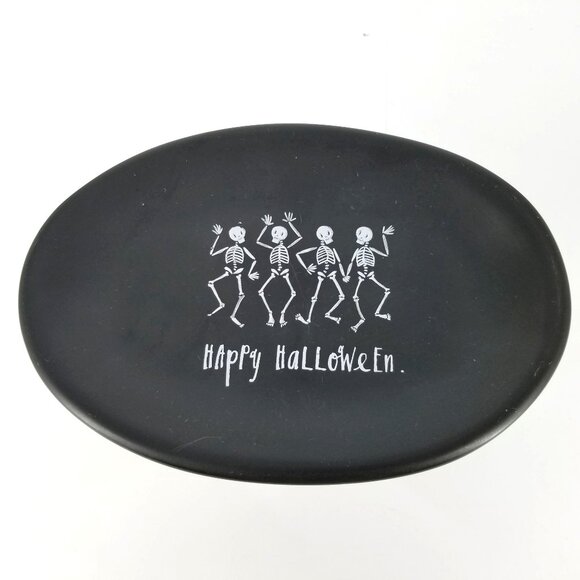 Rae Dunn Magenta Happy Halloween Dancing Skeletons Oval Plate Dish Black Small - Picture 1 of 9